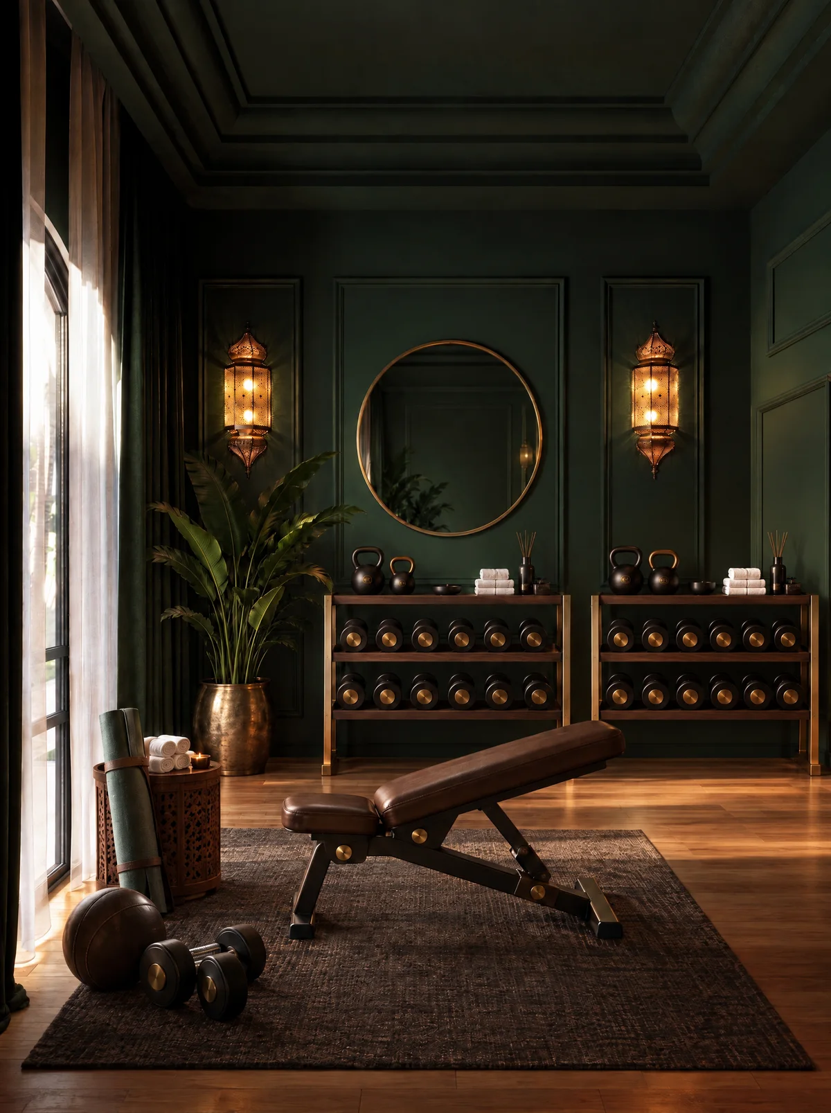 The villa gym: green panelled walls, brass lanterns, racks of free weights and a leather weight bench by the arched window. Artist's impression.