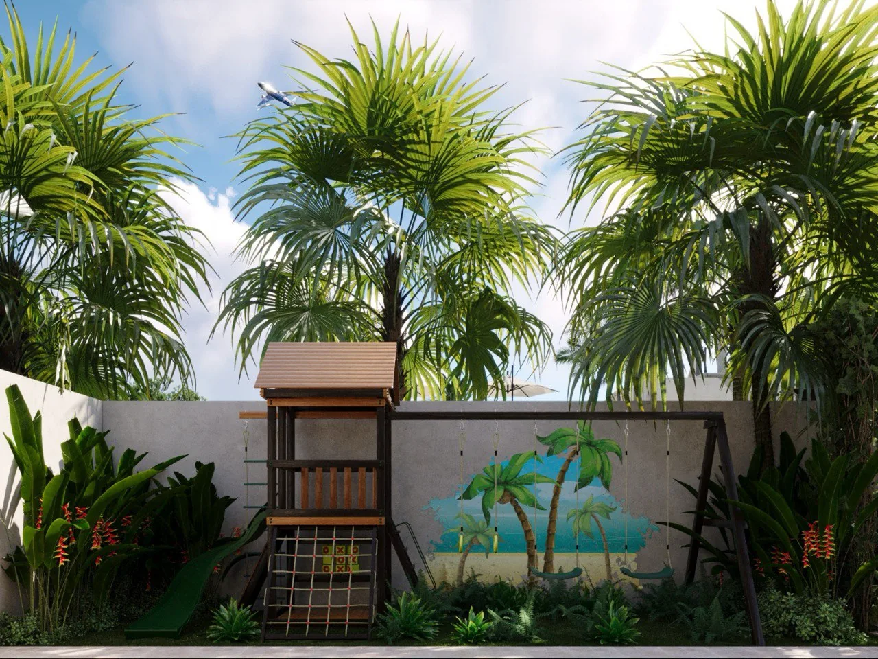 The estate playground among palms. Artist's impression.