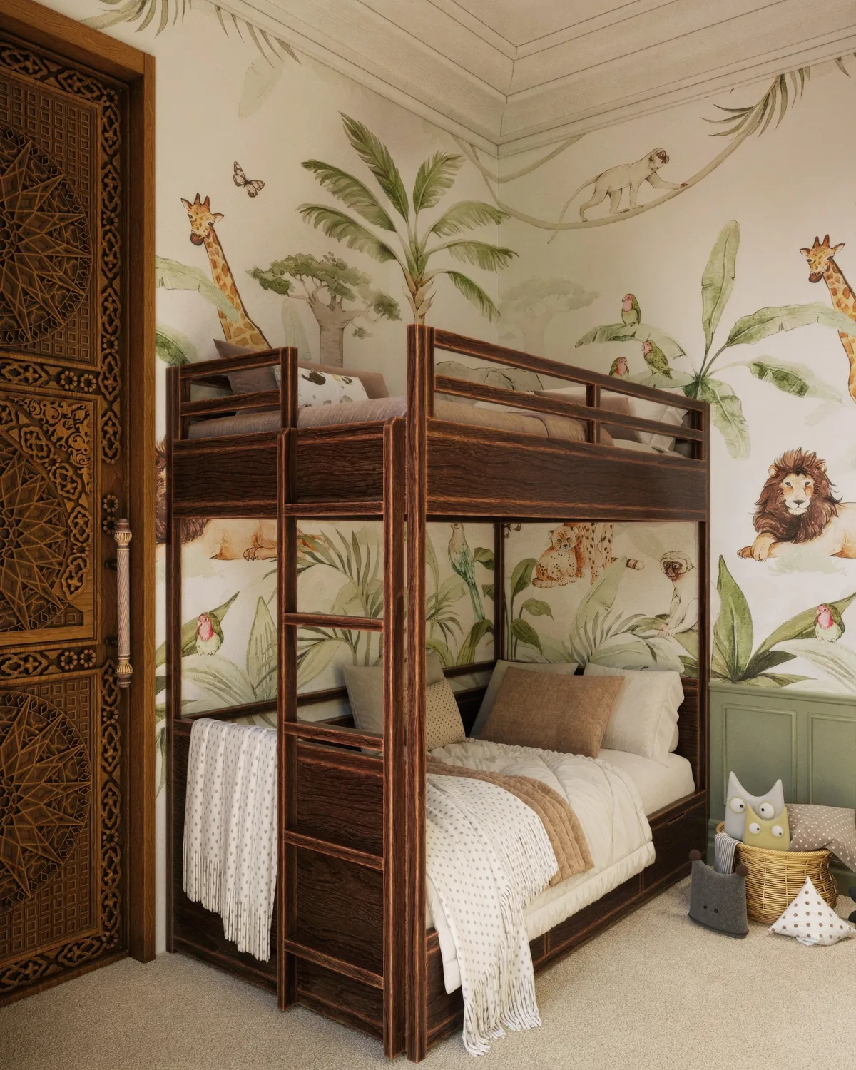 A children's room with bunk beds and a jungle mural. Artist's impression.