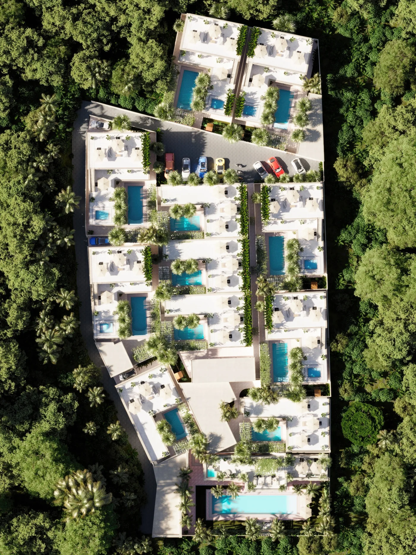 The estate from directly above: twelve white villas with pools stepping down the hillside among palms. Artist's impression.