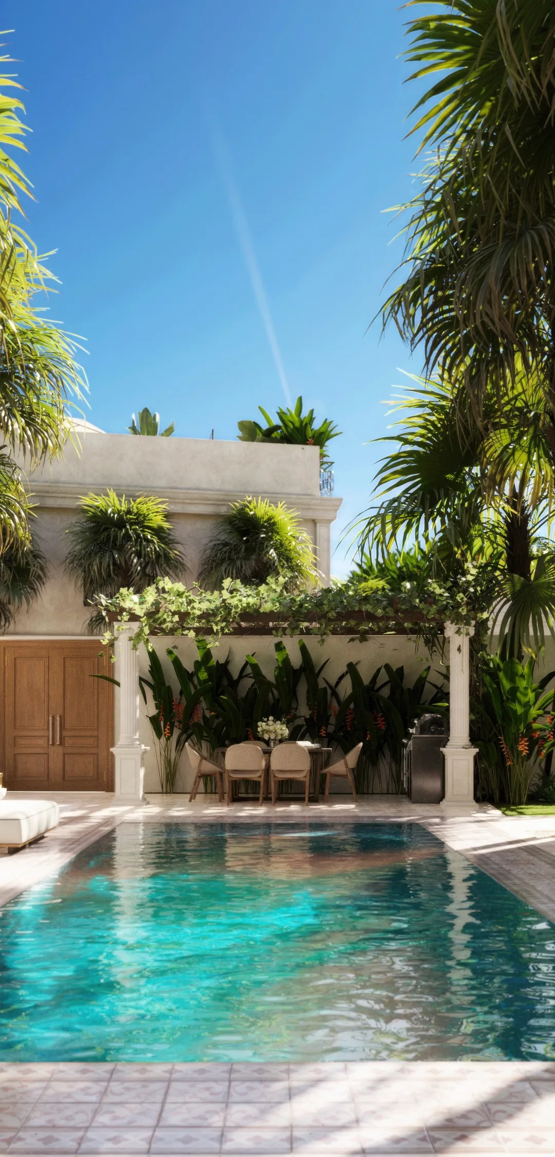 A long private pool on axis between palms, closed by a white two-storey villa facade. Artist's impression.