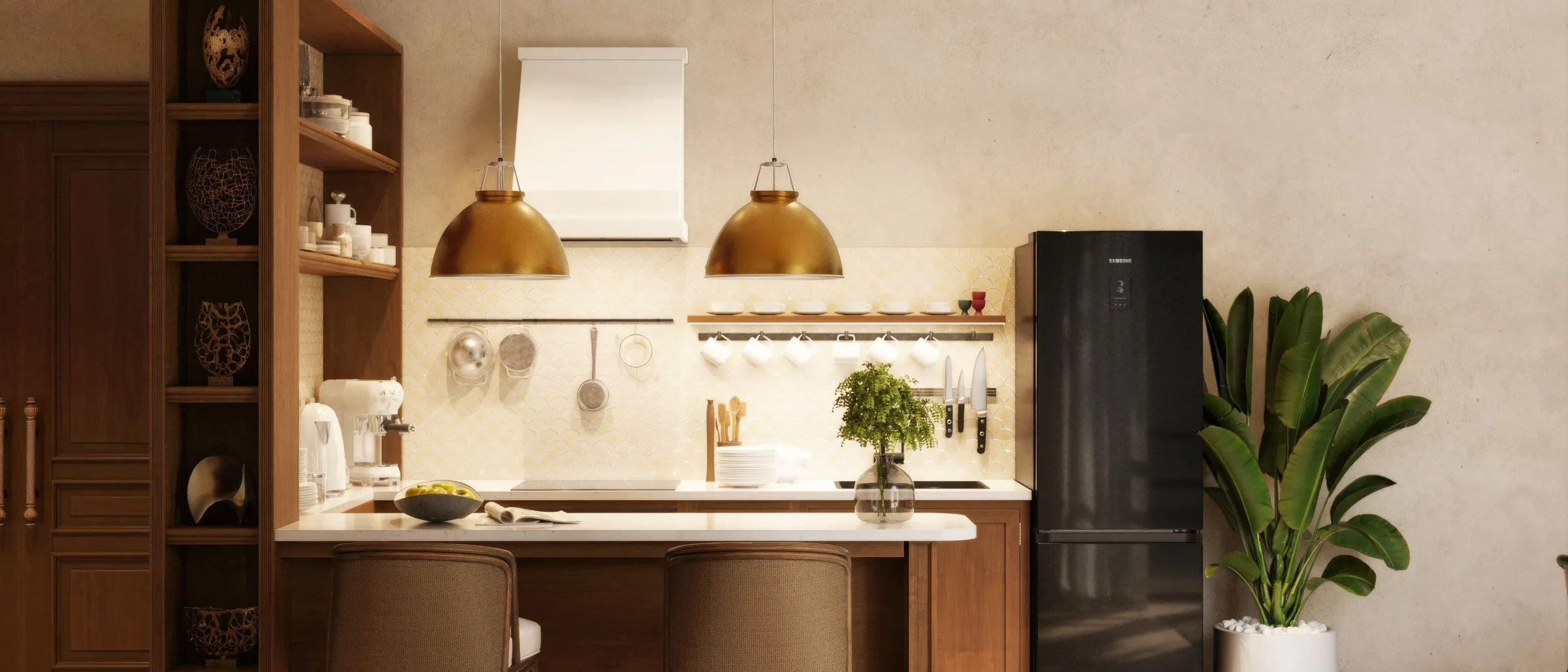 The kitchen with a long island and brass pendant lamps. Artist's impression.