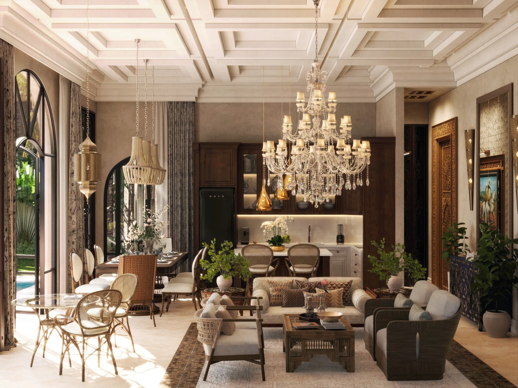 The living room: coffered ceiling, crystal chandelier, carved teak, the pool through the arch. Artist's impression.