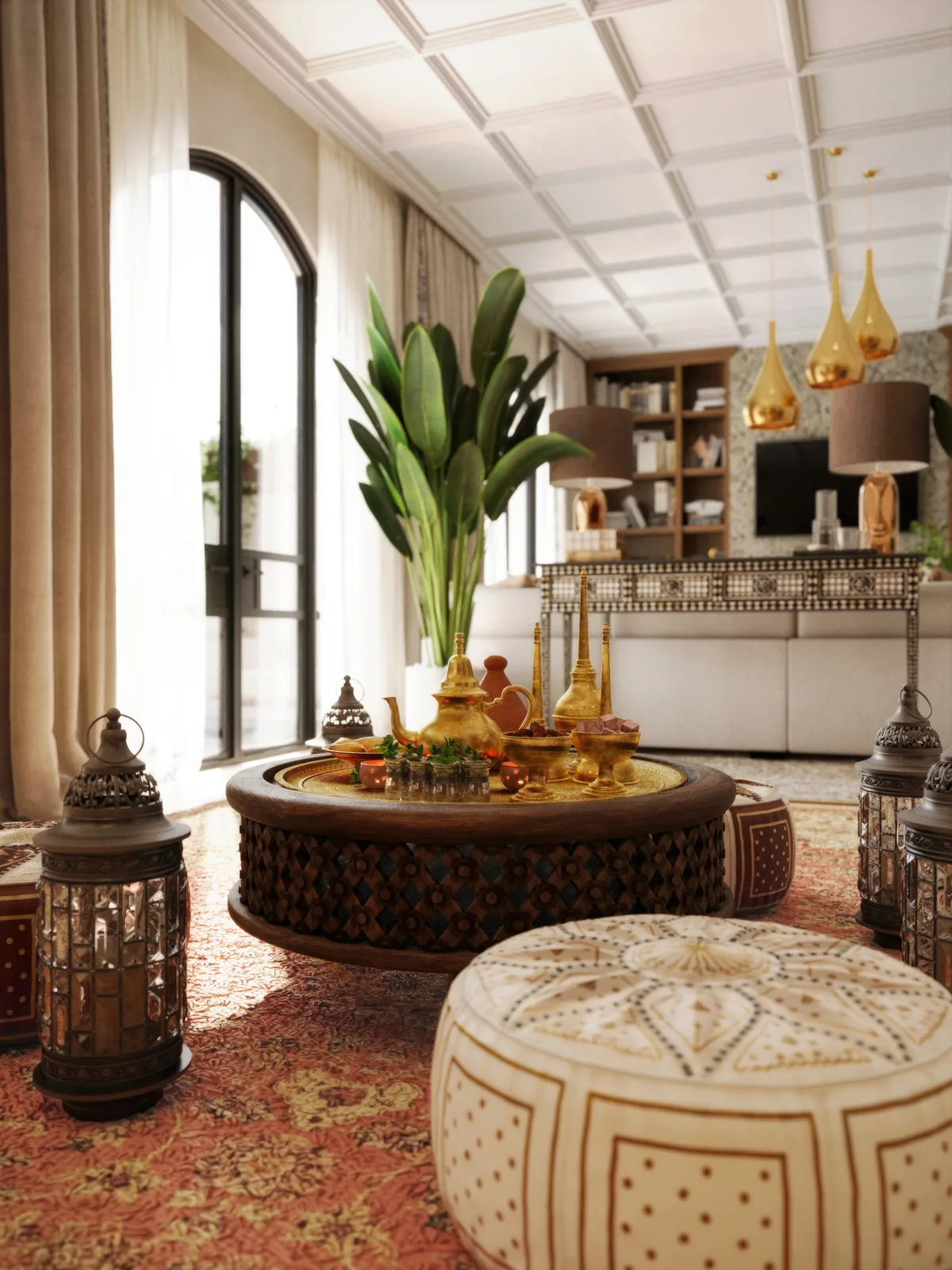 A Moroccan lounge corner: brass tray table, leather pouffe, lanterns. Artist's impression.