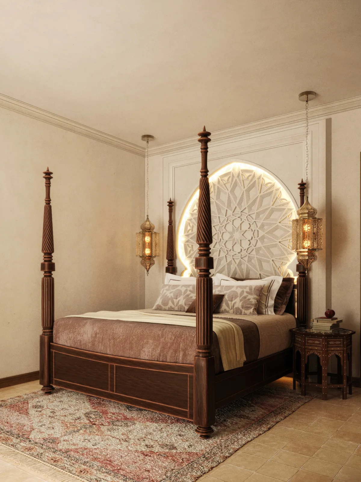 The master suite: a four-poster bed before a lit carved plaster arch, lanterns either side. Artist's impression.