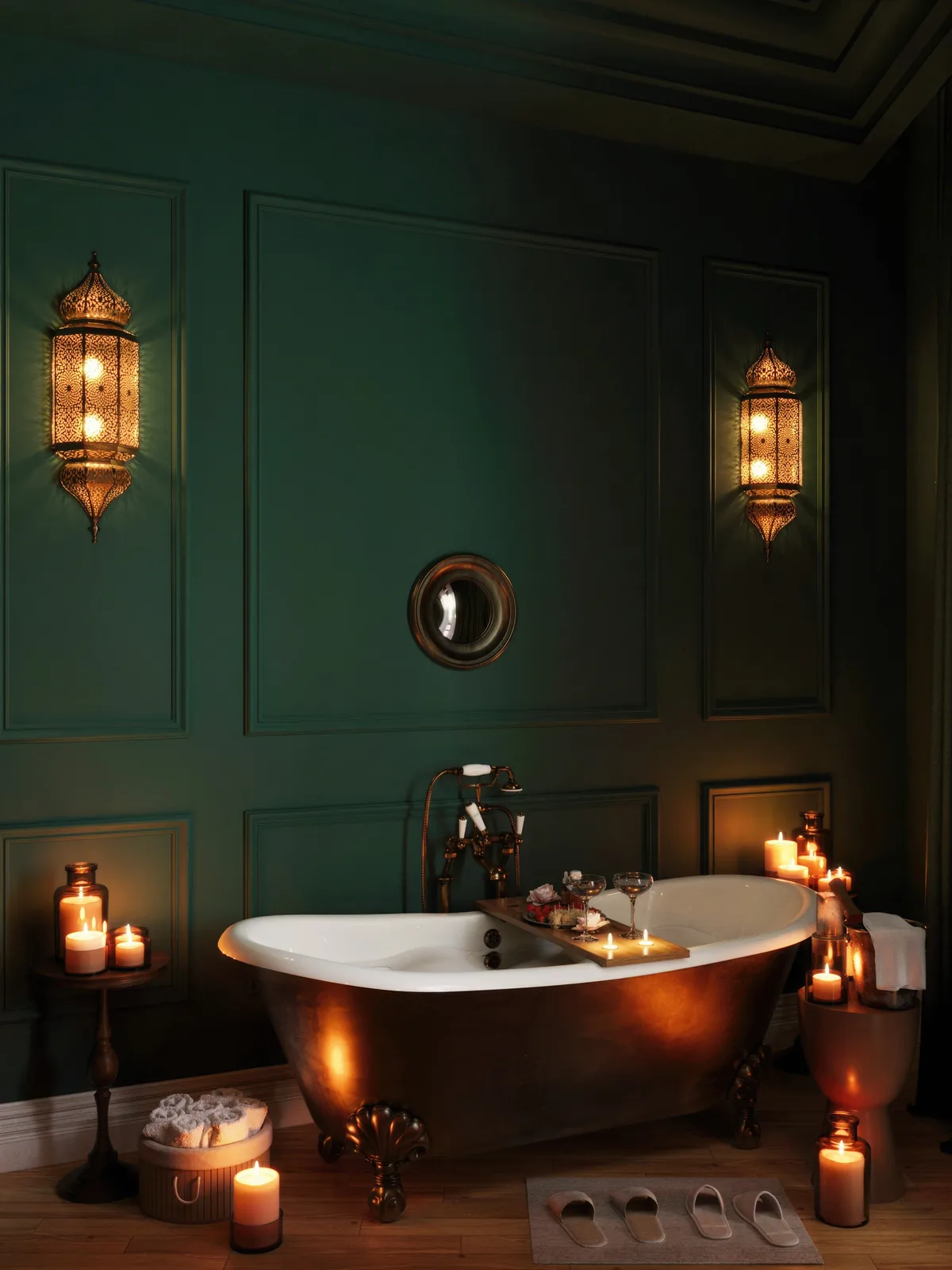 A copper bath against deep green panelling, candles on the floor. Artist's impression.