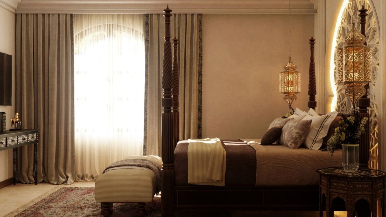 A guest suite with a canopied bed under a lit plaster arch. Artist's impression.
