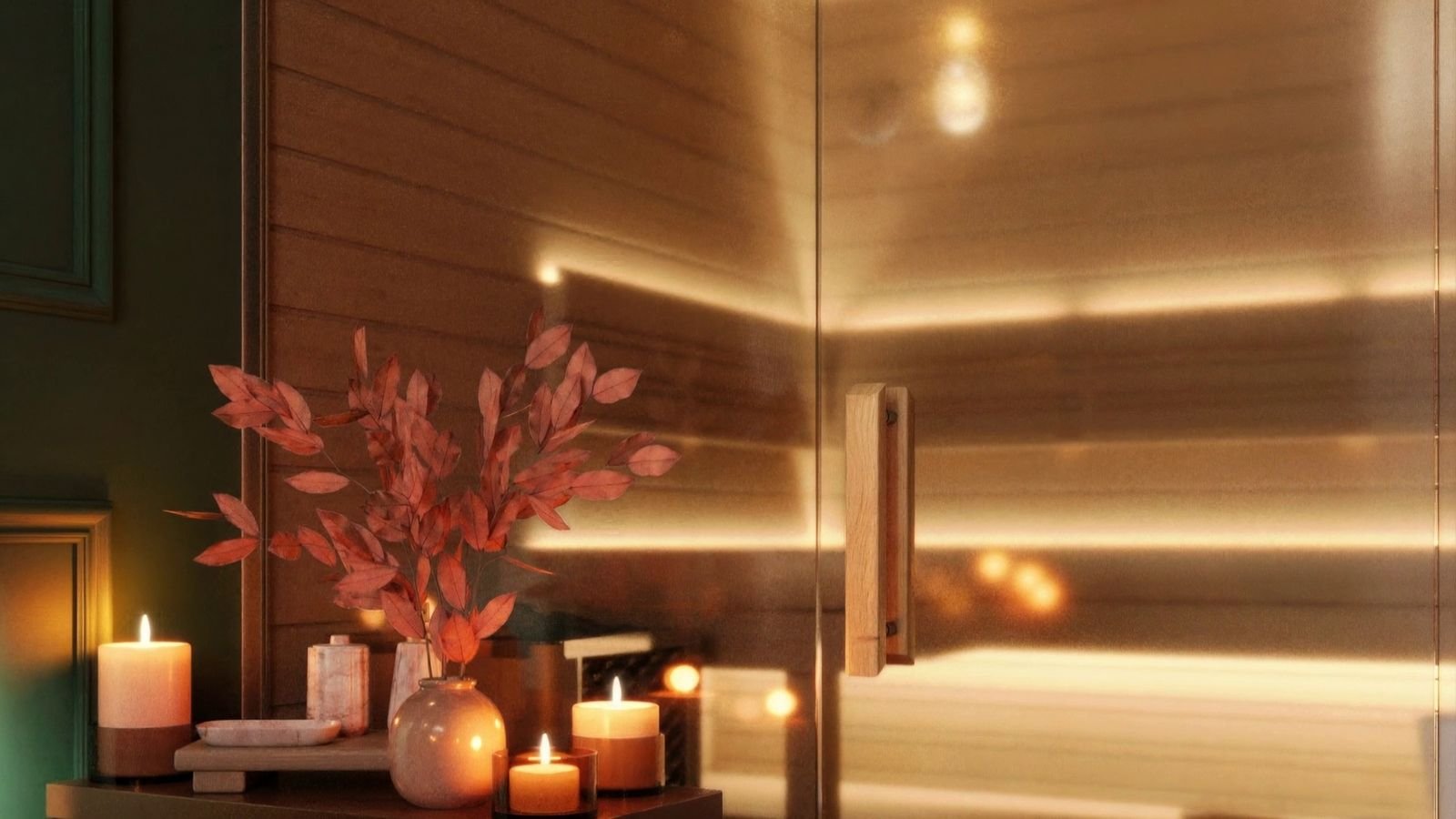 The cedar sauna behind glass, candles on a table. Artist's impression.
