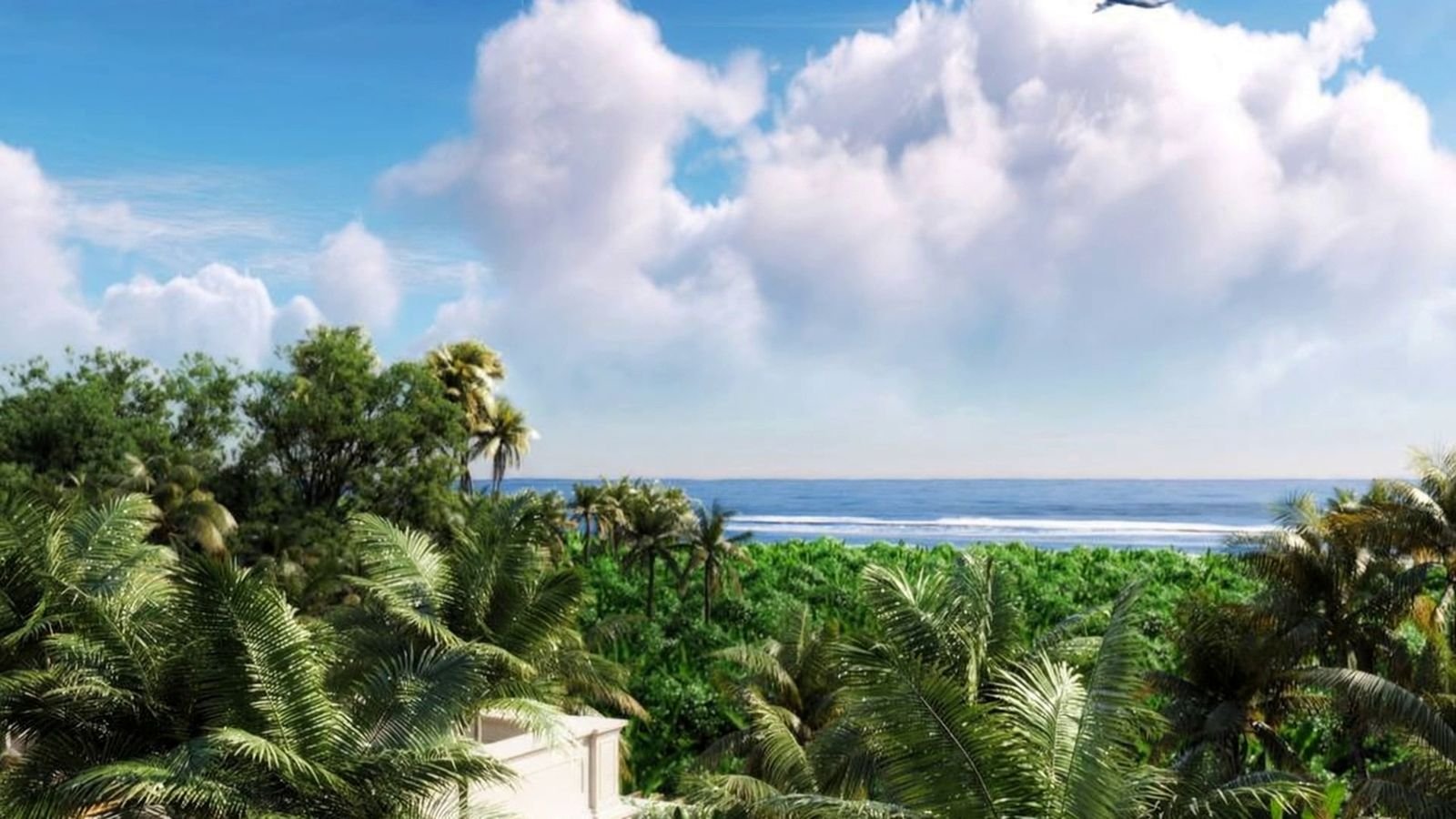 The rooftop terrace with the Indian Ocean beyond the palms. Artist's impression.